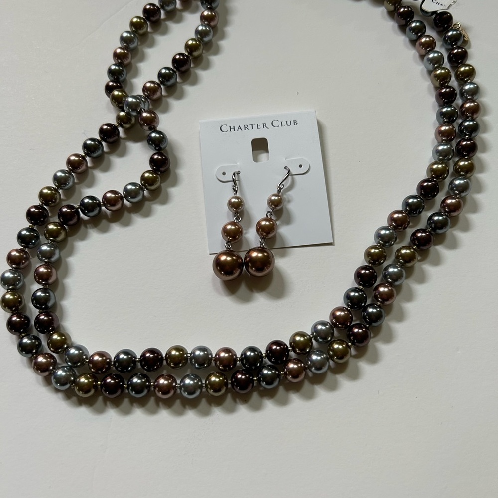 NWT Charter Club Bronze Tone Necklace & Matching Earrings with Iridescent beads.